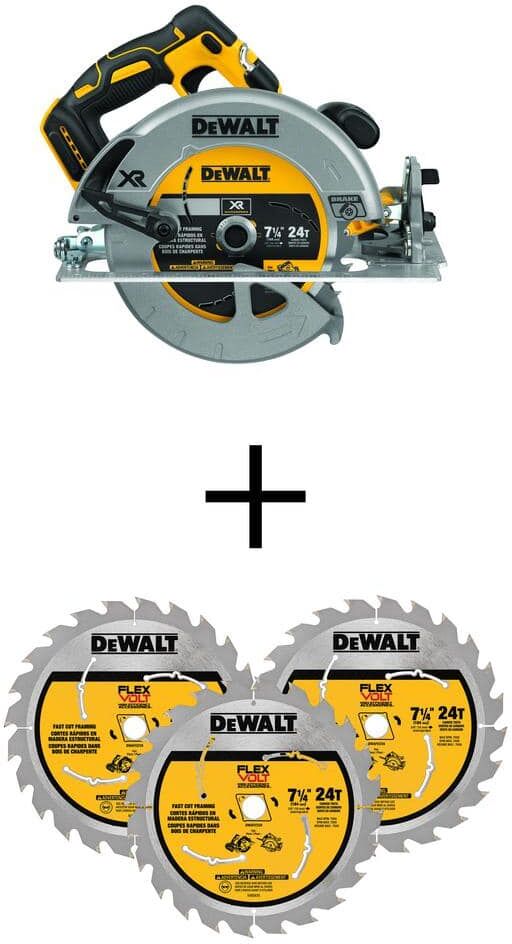 DeWalt 20V MAX XR Cordless Brushless 7-1/4 in. Circular Saw (Tool Only) & FLEXVOLT 7-1/4 in. 24 Tooth Circ Saw Blades (3 Pack)