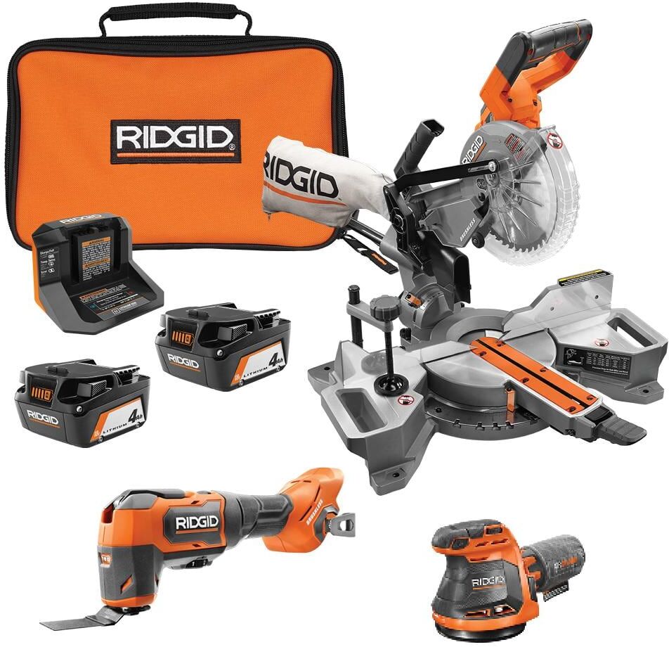 RIDGID 18V Cordless 3-Tool Combo Kit with Dual Bevel Sliding Miter Saw, Multi-Tool, Sander, (2) 4.0 Ah Batteries, Charger & Bag