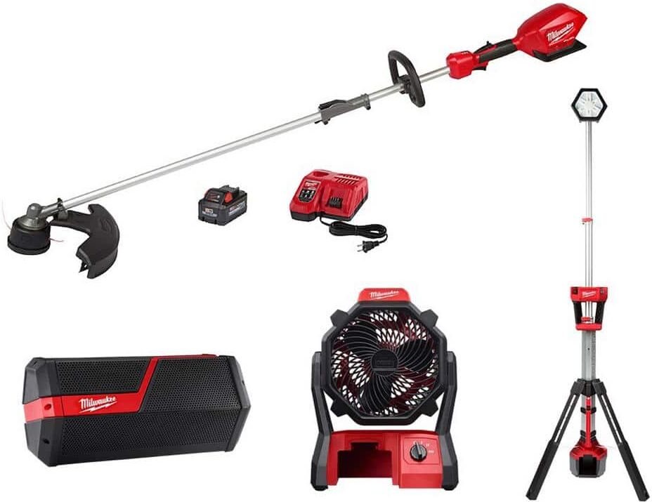 Milwaukee M18 FUEL 18 V Lithium Ion Brushless Cordless QUIK LOK String Trimmer 8.0Ah Kit, Radio, Fan & Light Combo Kit  4 Tool