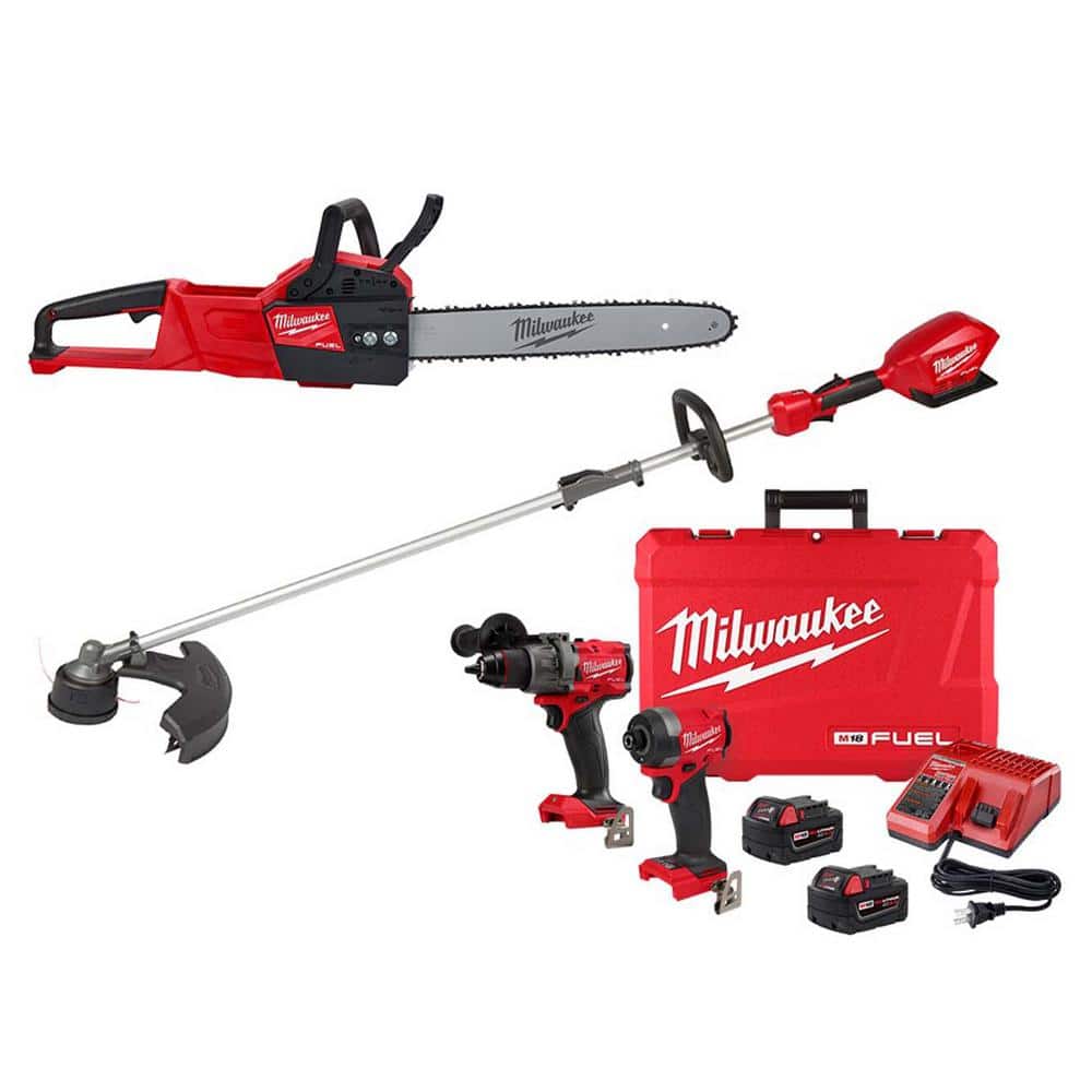 Milwaukee M18 FUEL 18V Lithium-Ion Brushless Cordless String Trimmer w/16 in. Chainsaw & Hammer Drill/Impact Driver Kit (3-Tool)
