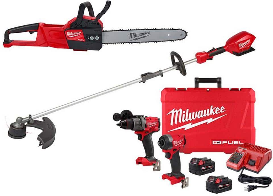 Milwaukee M18 FUEL 18V Lithium-Ion Brushless Cordless String Trimmer w/16 in. Chainsaw & Hammer Drill/Impact Driver Kit (3-Tool)