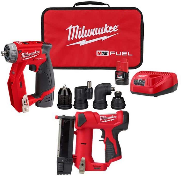 Milwaukee M12 FUEL 12V Cordless 4-in-1 Installation 3/8 in. Drill Driver Kit with M12 23-Gauge Lithium-Ion Cordless Pin Nailer