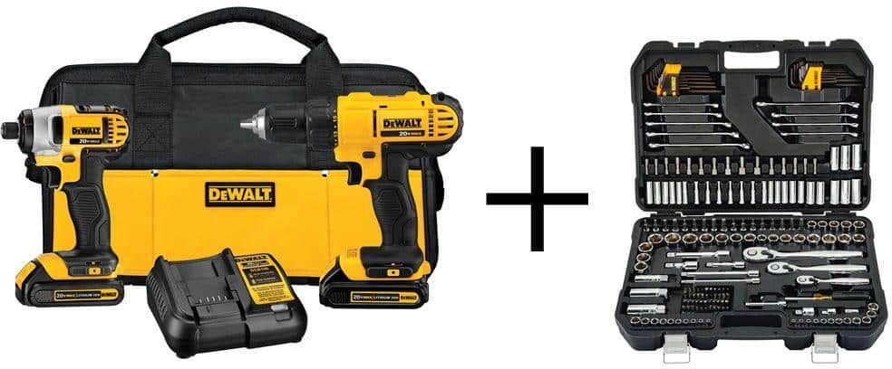 DeWalt 20V MAX Lithium-Ion Cordless Combo Kit (2 Piece), Mechanics Tool Set (200 Piece), (2) 20V 1.3Ah Batteries, and Charger