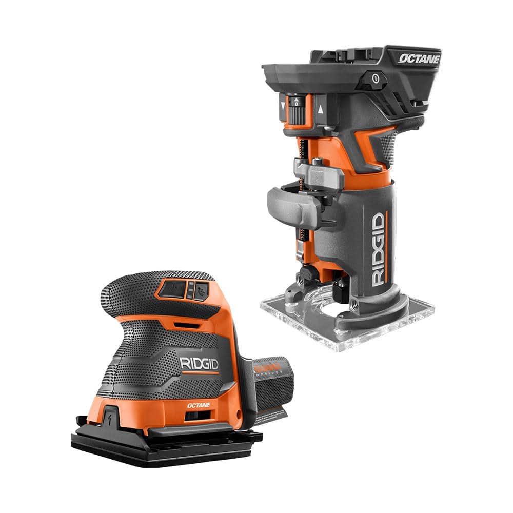 RIDGID 18V OCTANE Brushless Cordless 2-Tool Combo Kit with Compact Fixed Base Router and 3-Speed 1/4 Sheet Sander (Tools Only)