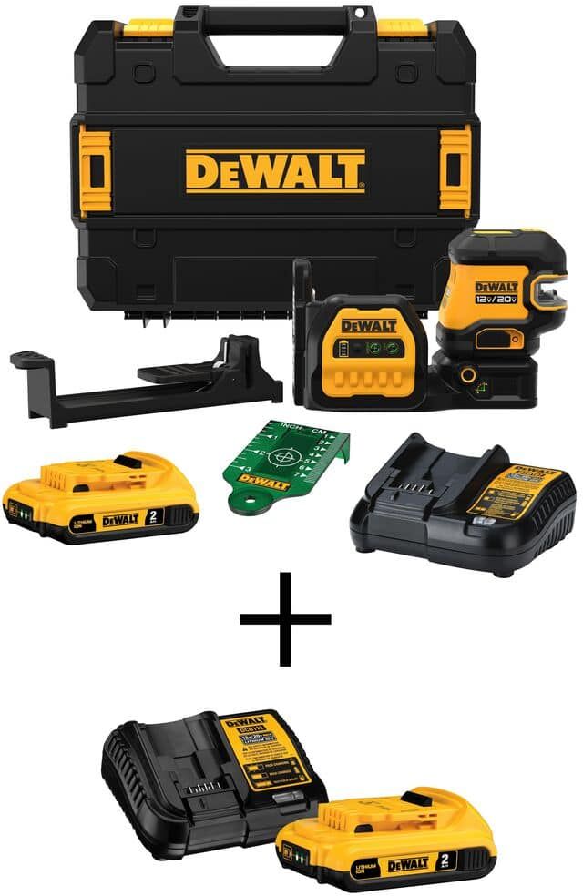 DeWalt 20V MAX Lithium-Ion Cordless Green Cross-Line Laser Level Kit, (2) 2.0Ah Batteries, (2) Chargers, and TSTAK Case