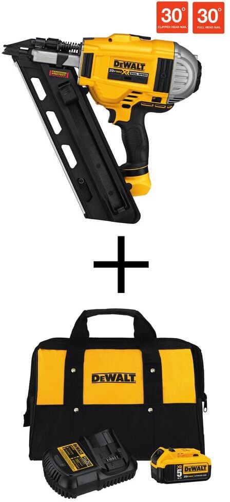 DeWalt 20V MAX XR Lithium-Ion 30 Degree Cordless Brushless 2-Speed Framing Nailer, (1) 5.0Ah Battery, Charger, and Bag