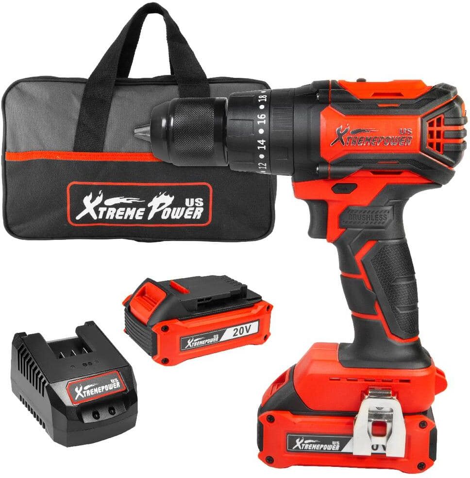 XtremepowerUS 20-Volt MAX Li-Ion Brushless Cordless Impact Drill 1/2 in. Chuck LED Power Drill 2 Ah Battery, Charger & Bag