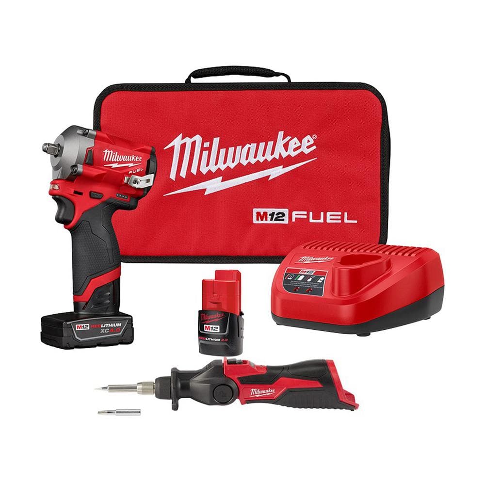 Milwaukee M12 FUEL 12V Lithium-Ion Cordless Stubby 3/8 in. Impact Wrench Kit with M12 Soldering Iron