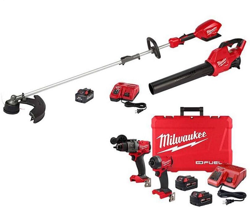 Milwaukee M18 FUEL 18V Li-Ion Brushless Cordless Electric String Trimmer/Blower w/Hammer Drill/Impact Driver Combo Kit(4-Tool)