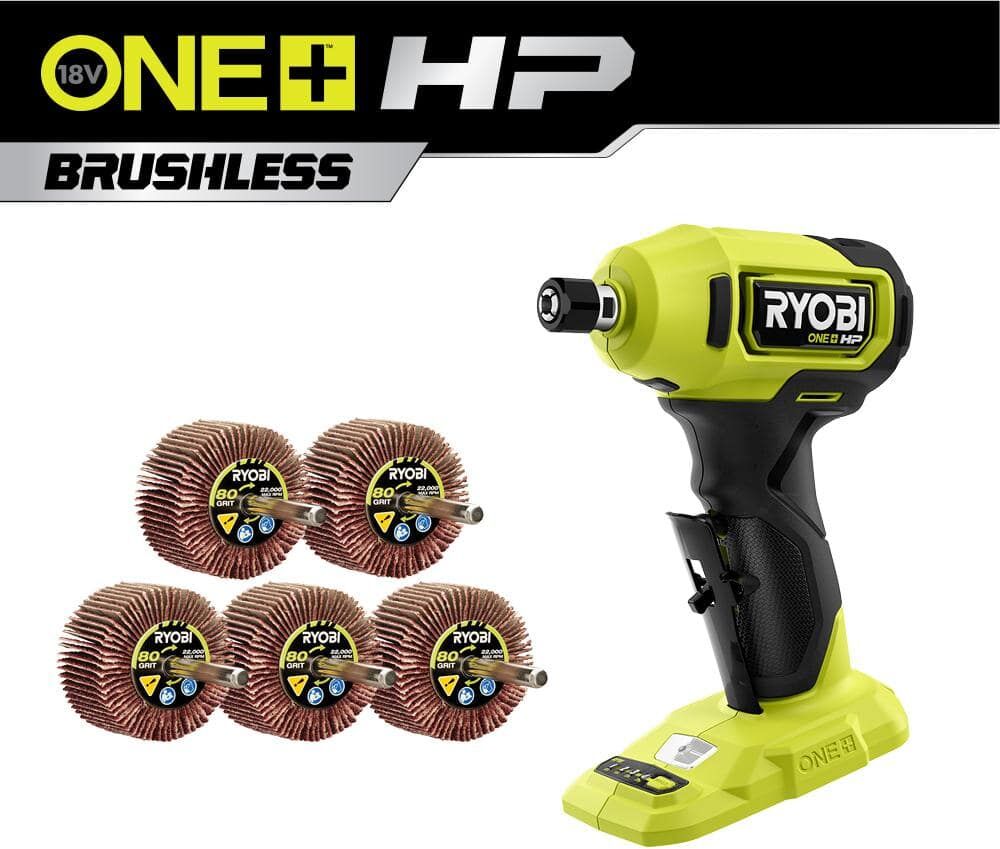 RYOBI ONE+ HP 18V Brushless Cordless Compact 1/4 in. Right Angle Die Grinder (Tool Only) with 80 Grit Flap Wheel Set (5-Piece)