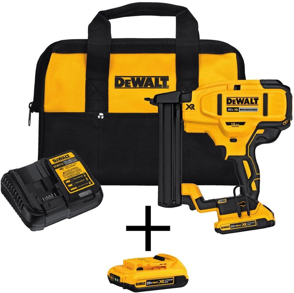 DeWalt 20V MAX XR Lithium-Ion 18-Gauge Cordless Narrow Crown Stapler Kit, (2) 2.0Ah Batteries, Charger, and Bag