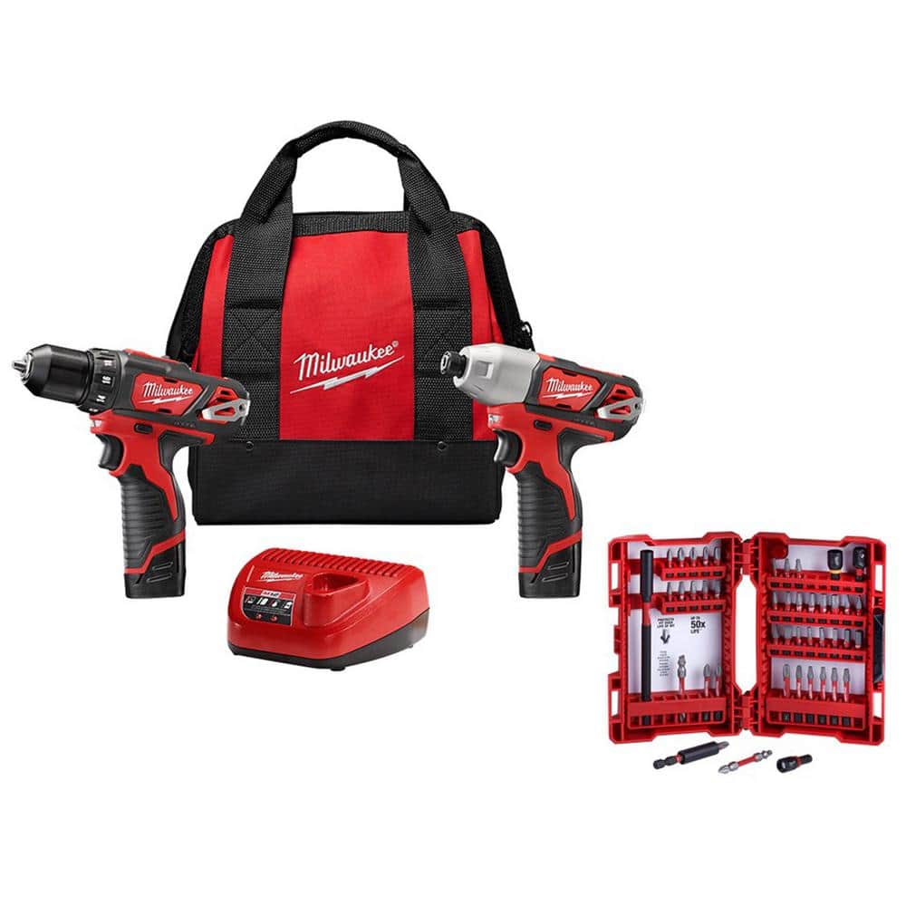 Milwaukee M12 12V Lithium-Ion Cordless Drill Driver/Impact Driver Combo Kit (2-Tool) with SHOCKWAVE Driver Bit Set (45-Piece)