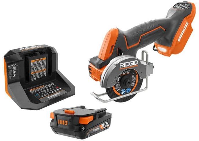 RIDGID 18V SubCompact Brushless Cordless 3 in. Multi-Material Saw Kit with (3) Cutting Wheels, 2.0 Ah Battery, and 18V Charger