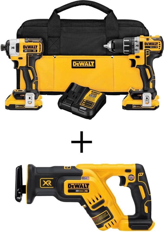 DeWalt 20V MAX XR Li-Ion Cordless Brushless Drill/Impact 2 Tool Combo Kit, 20V Compact Recip Saw, and (2) 20V 2.0Ah Batteries