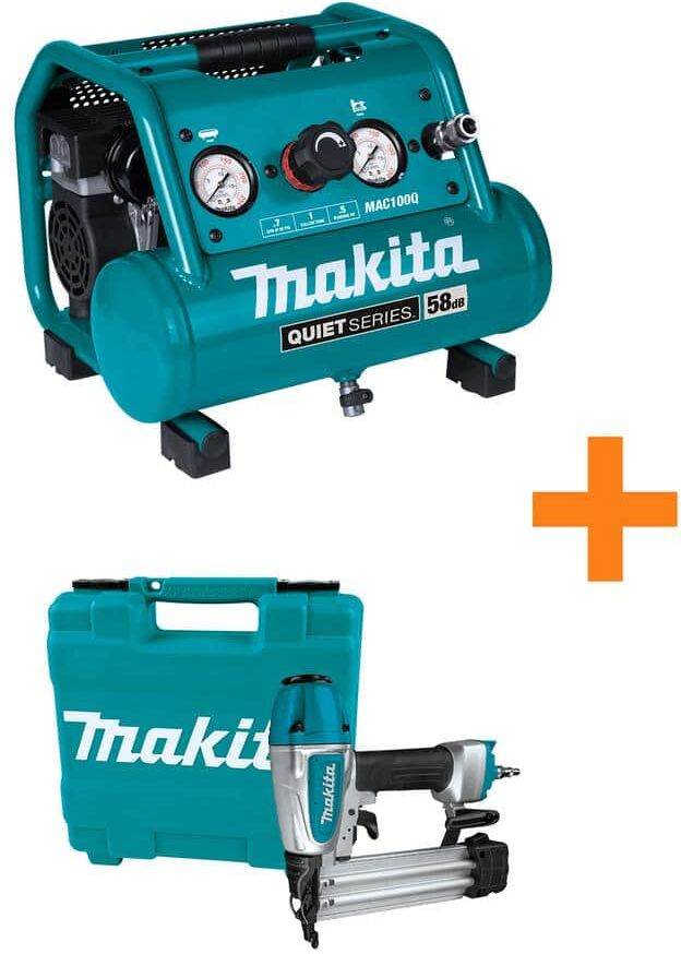 Makita 1 Gal. Quiet Series 0.5 HP Compact Oil-Free Electric Air Compressor with Pneumatic 2 in. 18-Gauge Brad Nailer