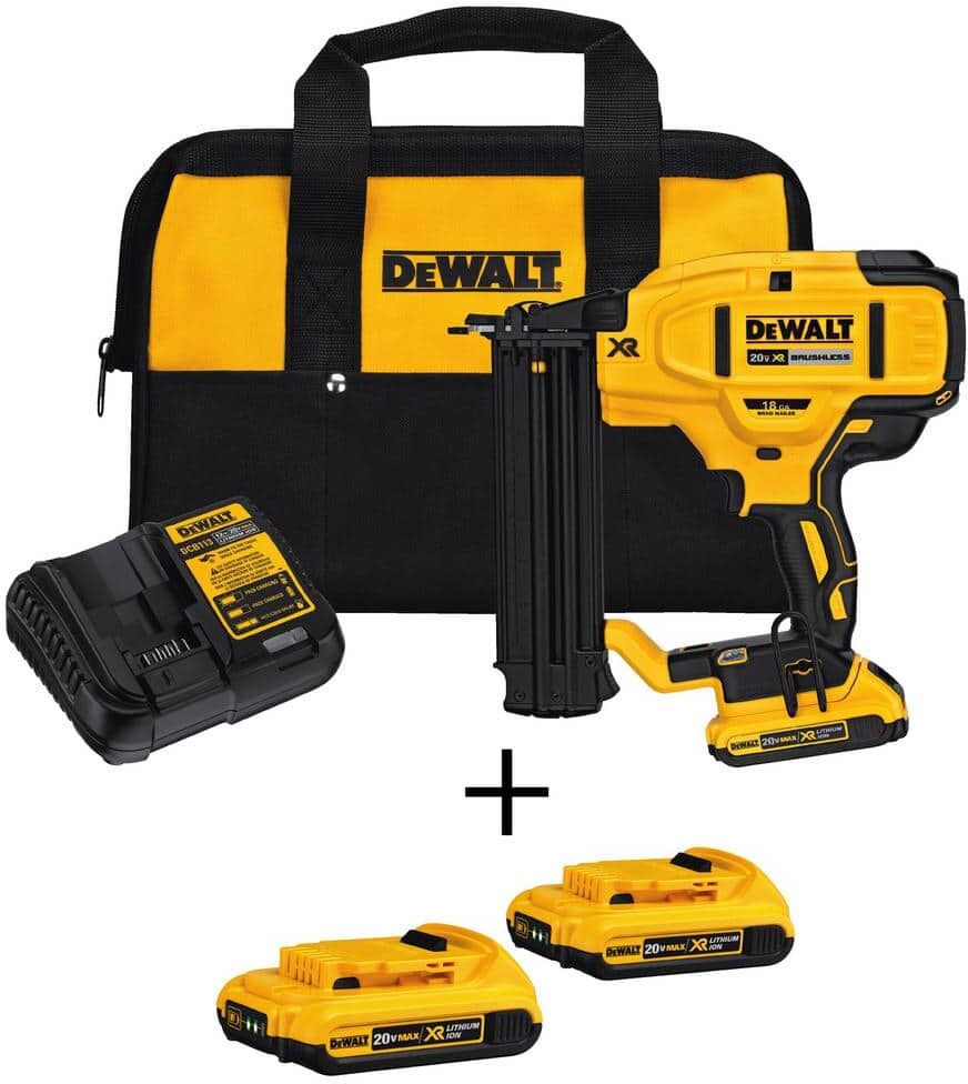 DeWalt 20V MAX XR Lithium-Ion 18-Gauge Electric Cordless Brad Nailer Kit, (3) 2.0Ah Batteries, Charger, and Bag