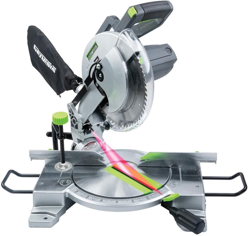 Genesis 15 Amp 10 in. Compound Miter Saw with Laser Guide, 9 Positive Stops, Clamp, Dust Bag, 2 Wings and Blade