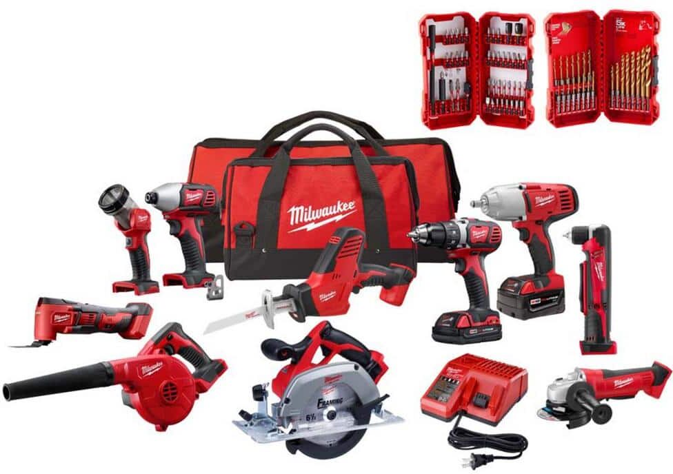 Milwaukee M18 18V Lithium-Ion Cordless Combo Kit (10-Tool) with (2) Batteries, Charger and Tool Bag W/Drill Bit Sets