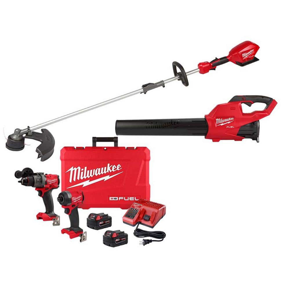 Milwaukee M18 FUEL 18V Lithium-Ion Brushless Cordless String Trimmer with Blower and Hammer Drill/Impact Driver Combo Kit (3-Tool)