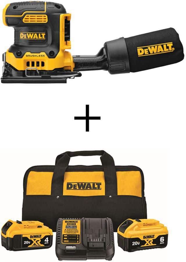 DeWalt 20V MAX XR Cordless Brushless 1/4 Sheet Variable Speed Sander with 20V 6.0Ah and 4.0Ah Batteries, Charger & Kit Bag