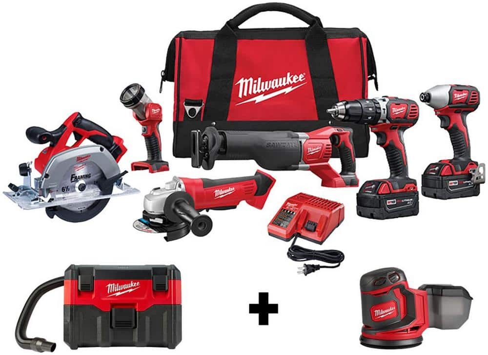 Milwaukee M18 18V Lithium-Ion Cordless Combo Tool Kit (6-Tool) w/ Wet/Dry Vacuum and Random Orbit Sander