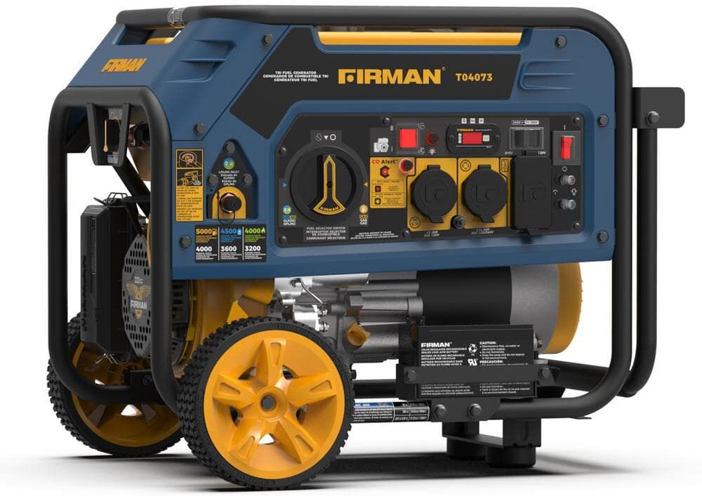 FIRMAN 4000-Watt/5000-Watt, Tri Fuel, 223cc Electric Start, 120-Volt/240-Volt Generator with Wheel Kit and Cover, CO