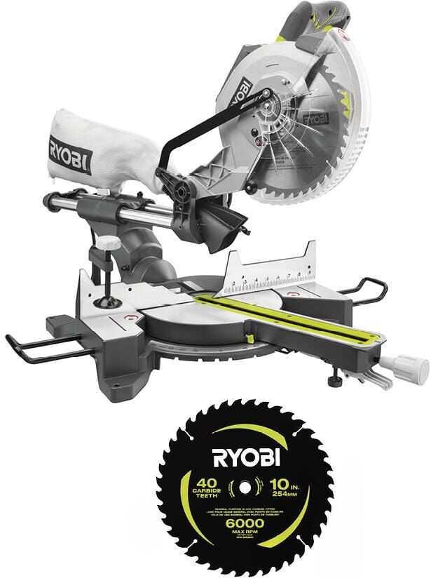 RYOBI 15 Amp 10 in. Corded Sliding Compound Miter Saw with 10 in. 40 Carbide Teeth Thin Kerf Miter Saw Blade