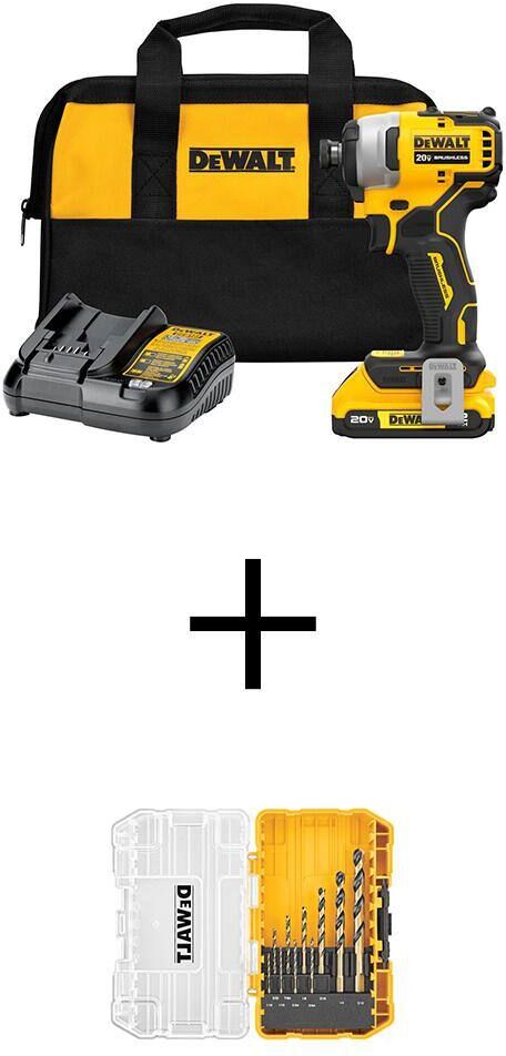 DeWalt ATOMIC 20V MAX Lithium-Ion Brushless Cordless Compact 1/4 in. Impact Driver Kit & Drill Bit Set w/2Ah Battery & Charger