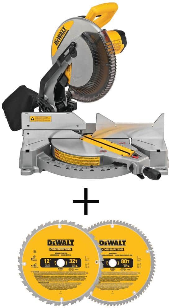 DeWalt 15 Amp Corded 12 in. Single Bevel Compound Miter Saw and 12 in. Miter Saw Blade 32-Teeth and 80-Teeth (2 Pack)