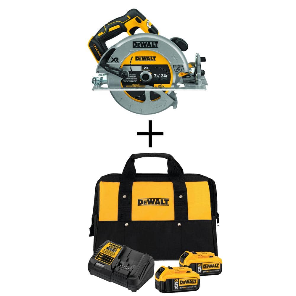 DeWalt 20V MAX Li-Ion Cordless Brushless 7-1/4 in. Circ Saw, (2) 20V MAX XR Premium Lithium-Ion 5.0Ah Batteries, and Charger