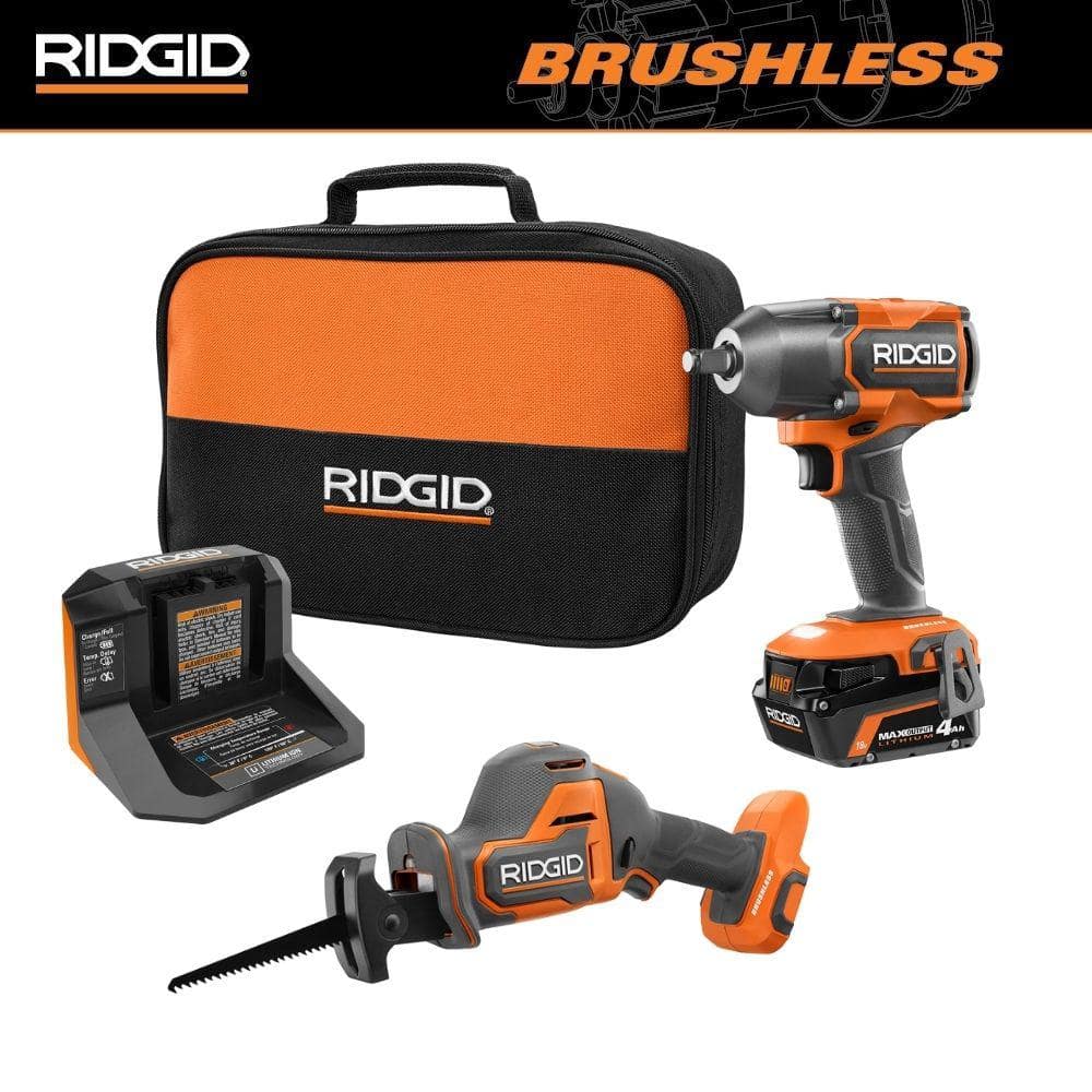 RIDGID 18V Brushless Cordless 2-Tool Combo Kit w/ Impact Wrench, SubC One Handed Recip Saw, 4.0 Ah MAX Output Battery & Charger