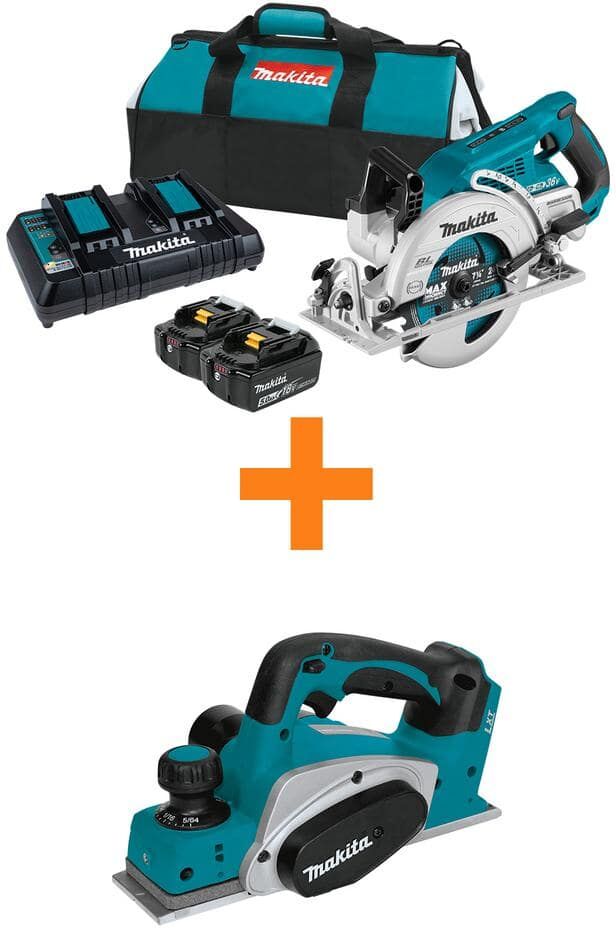 Makita 18V X2 LXT 5.0Ah Brushless Cordless Rear Handle 7-1/4 in. Circular Saw Kit with bonus 18V LXT 3-1/4 in. Cordless Planer