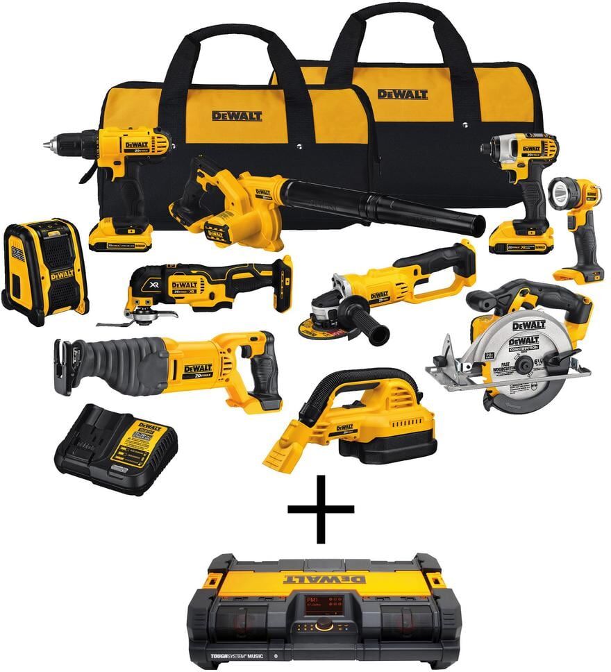 DeWalt 20V MAX Cordless 10 Tool Combo Kit, TOUGHSYTEM radio, (2) 20V 2.0Ah Batteries, and Charger