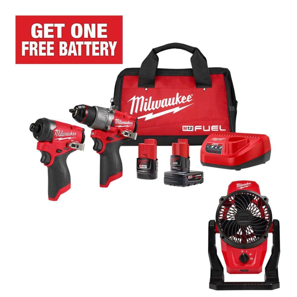Milwaukee M12 FUEL 12-Volt Lithium-Ion Brushless Cordless Hammer Drill, Impact Driver, & M12 Fan Combo Kit w/2 Batteries & Bag