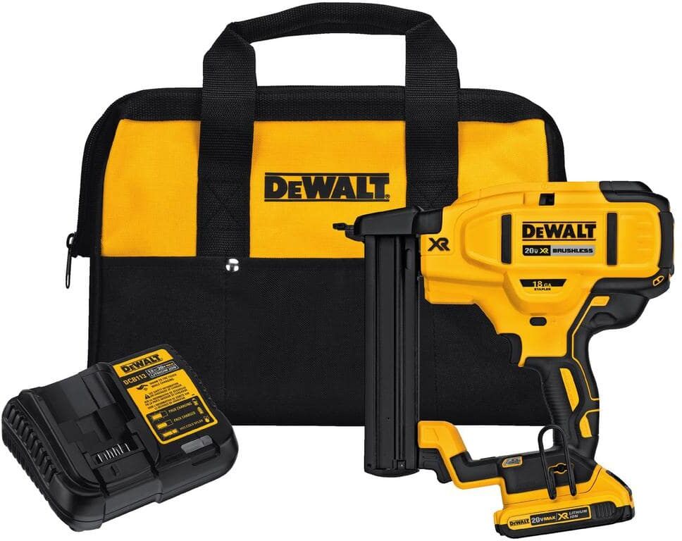 DeWalt 20V MAX XR Lithium-Ion Cordless 18-Gauge Narrow Crown Stapler Kit with 2.0Ah Battery, Charger and Contractor Bag