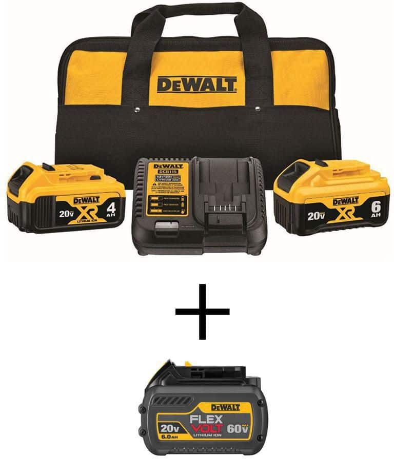 DeWalt 20V MAX Lithium-Ion Starter Kit 6.0Ah Battery, 4.0Ah Battery, Charger & Kit Bag and FLEXVOLT 20V/60V 6.0Ah Battery