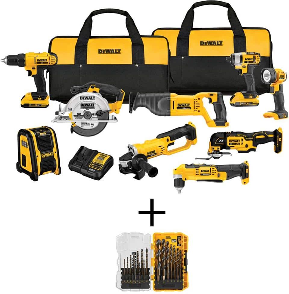 DeWalt 20V MAX Cordless 9 Tool Combo Kit, Black and Gold Drill Bit Set (21 Piece), (2) 2.0Ah Batteries, and Charger