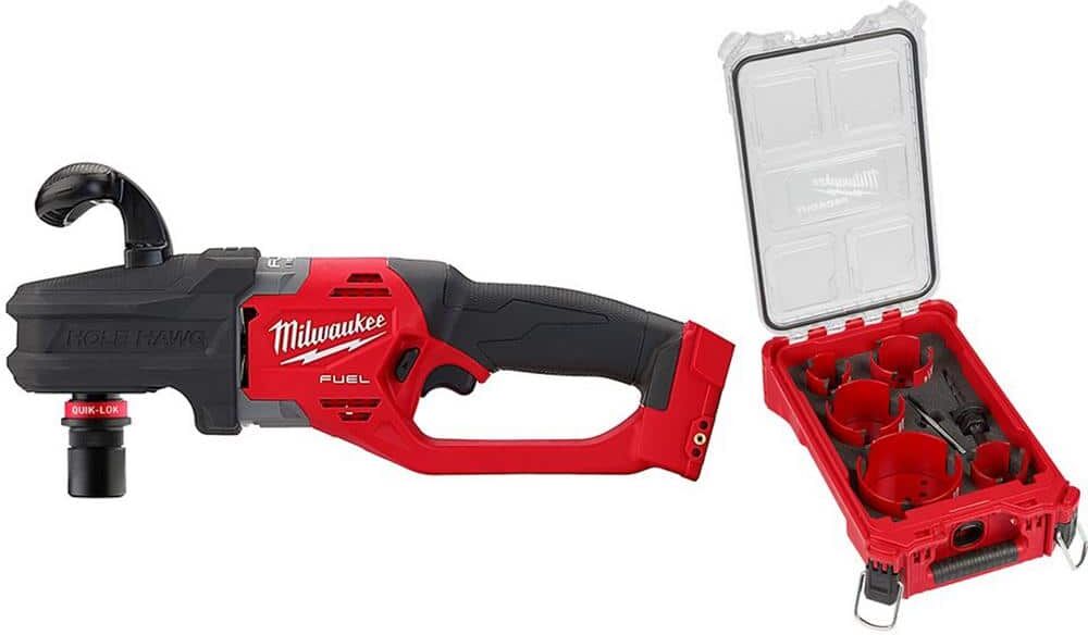 Milwaukee M18 FUEL 18V Lithium-Ion Brushless Cordless Hole Hawg 7/16 in. Right Angle Drill w/Quick-Lok w/9pc PACKOUT Hole Saw Kit