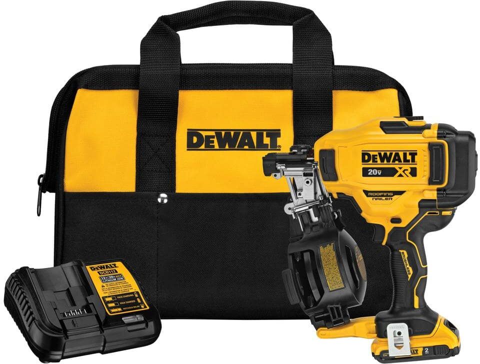 DeWalt 20V MAX Lithium-Ion 15-Degree Electric Cordless Roofing Nailer Kit with 2.0Ah Battery Charger and Bag