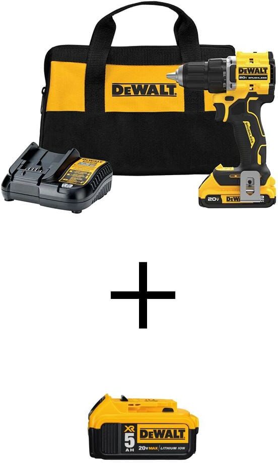 DeWalt ATOMIC 20V Lithium-Ion Cordless Compact 1/2 in. Drill/Driver Kit with Premium 5Ah Battery, 2Ah Battery, Charger and Bag