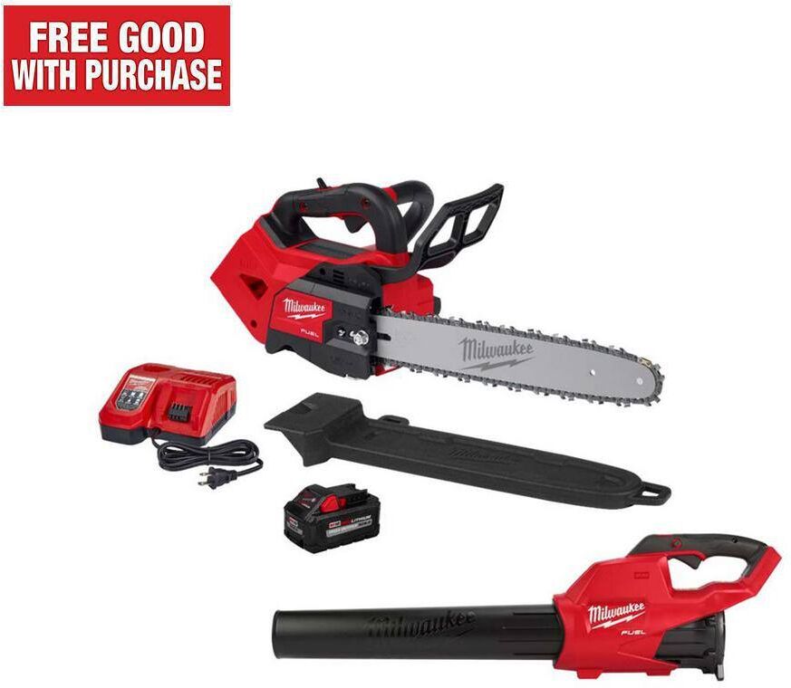 Milwaukee M18 FUEL 14 in. Top Handle 18V Lithium-Ion Brushless Cordless Chainsaw 8.0 Ah Kit with M18 FUEL Blower (2-Tool)