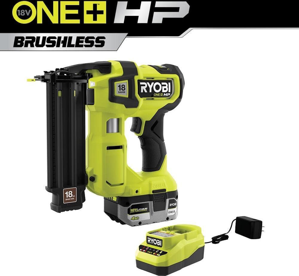 RYOBI ONE+ HP 18V 18-Gauge Brushless Cordless AirStrike Brad Nailer Kit with 4.0 Ah Battery and Charger