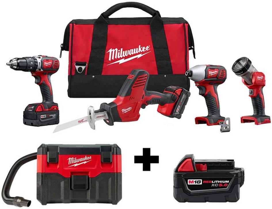 Milwaukee M18 18V Lithium-Ion Cordless Combo Tool Kit (4-Tool) w/ Wet/Dry Vacuum and Additional 5.0Ah Battery