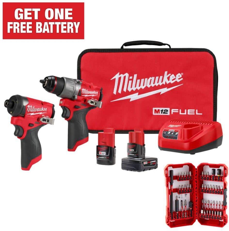 Milwaukee M12 FUEL 12-Volt Lithium-Ion Brushless Cordless Hammer Drill & Impact Driver Combo Kit (2-Tool) with Bit Set (45-Piece)