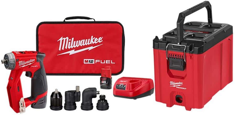 Milwaukee M12 FUEL 12V Lithium-Ion Brushless Cordless 4-in-1 Installation 3/8 in. Drill Driver Kit & 4-Tool Heads W/PACKOUT