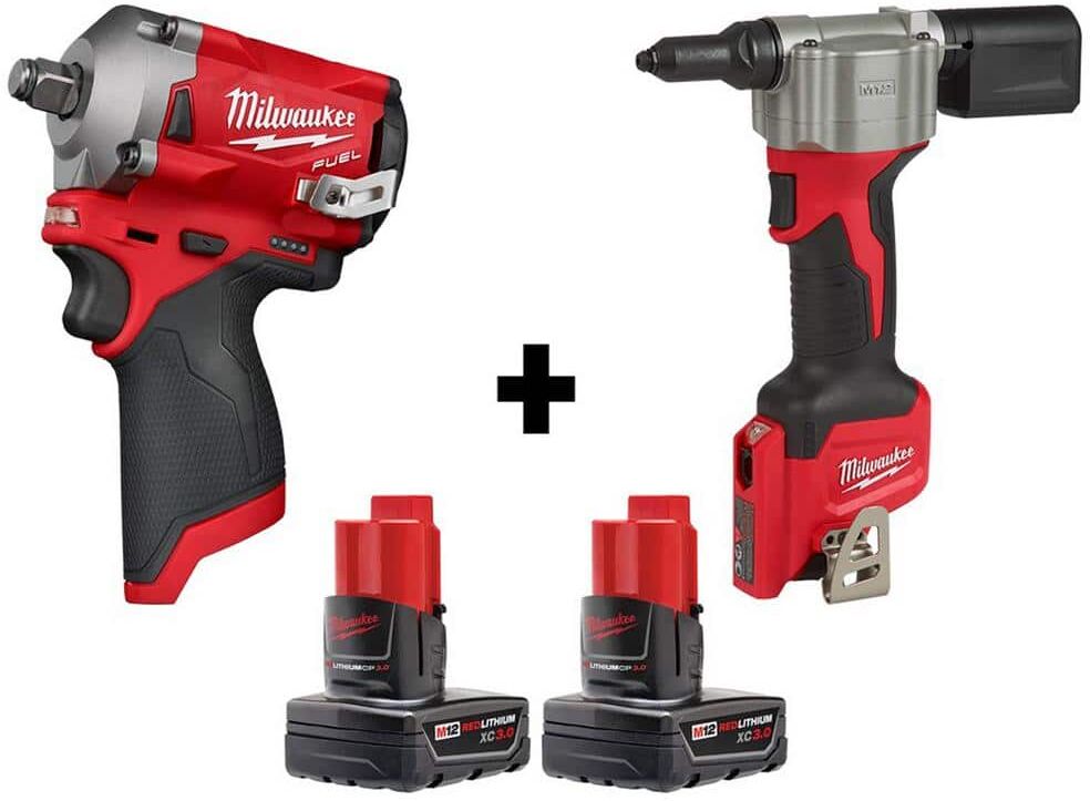 Milwaukee M12 FUEL 12-Volt Lithium-Ion Brushless Cordless Stubby 1/2 in. Impact Wrench and Rivet Tool with Two 3.0 Ah Batteries