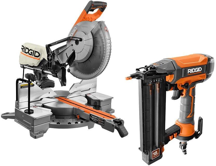 RIDGID 15 Amp Corded 12 in. Dual Bevel Sliding Miter Saw with Pneumatic 18-Gauge 2-1/8 in. Brad Nailer with Tool Bag