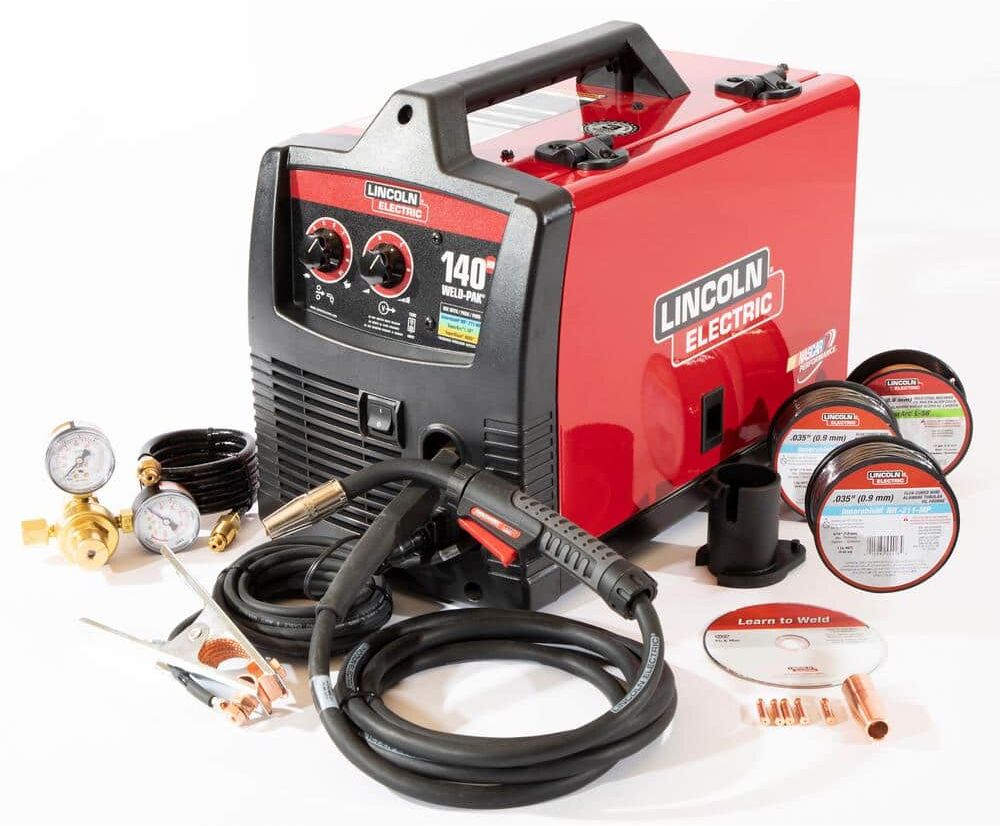 Lincoln Electric 140 Amp Weld Pak 140 HD MIG Wire Feed Welder w/Magnum 100L Gun, Sample Spools - 1 MIG Wire & 2 Flux-Cored Wire 115V