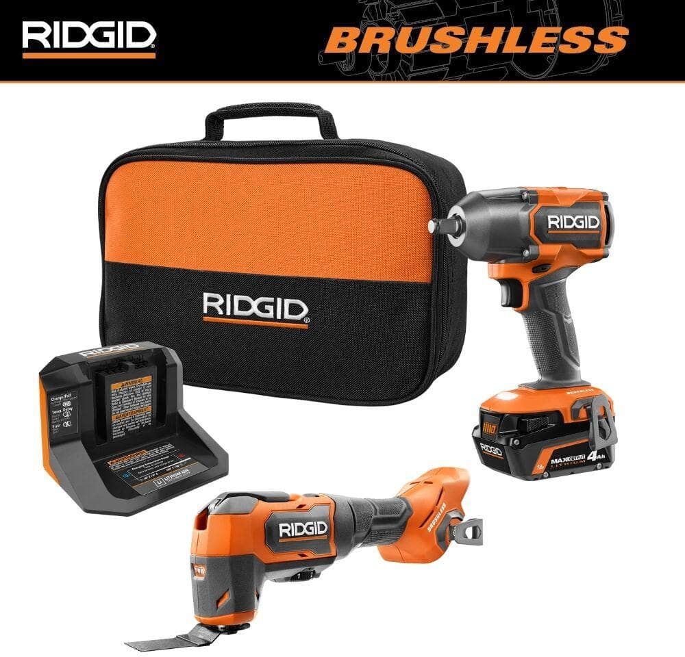 RIDGID 18V Brushless Cordless 2-Tool Combo Kit w/ 1/2 in. Impact Wrench, Multi-Tool, 4.0 Ah MAX Output Battery, and Charger