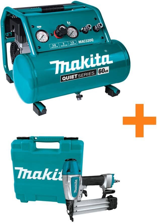 Makita 3 Gal. Quiet Series 1.5 HP Electric Oil-Free Air Compressor with Bonus Pneumatic 2 in. 18-Gauge Brad Nailer